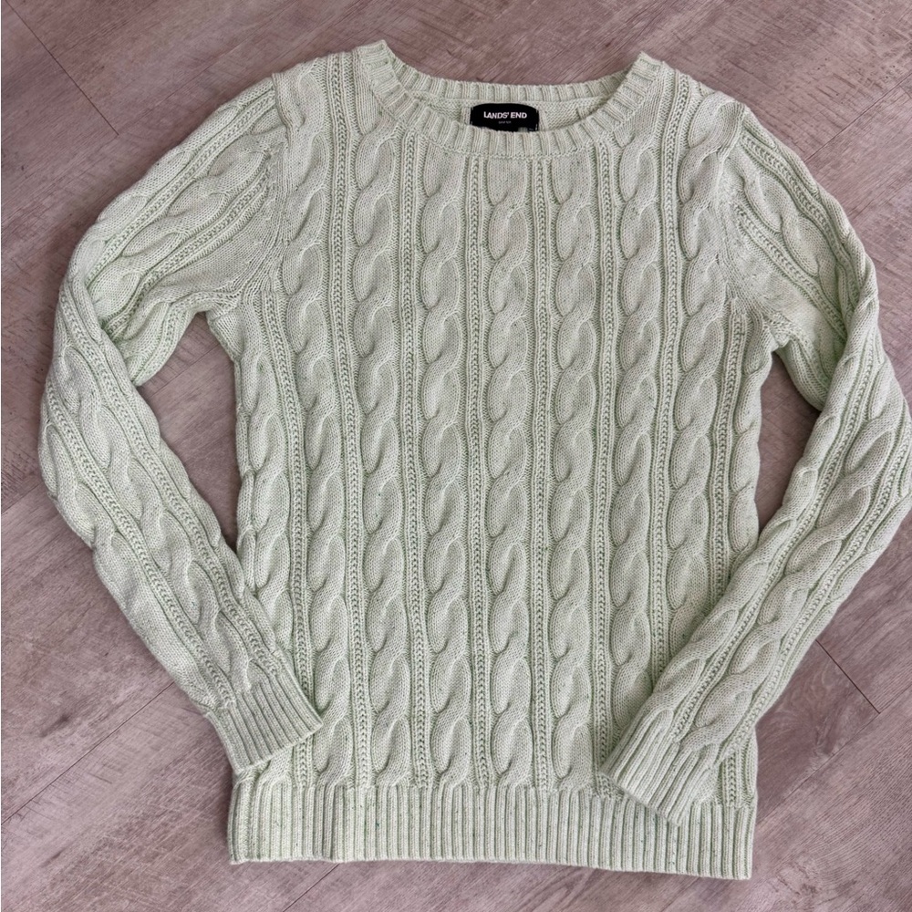 Women’s Lands' End Drifter Cable Knit Sweater, Mint Green, 100% cotton, size XS